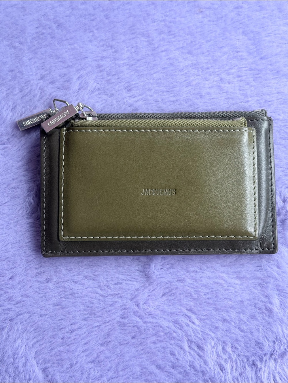 Jacquemus Green Leather Zip Card Wallet with Silver Hardware